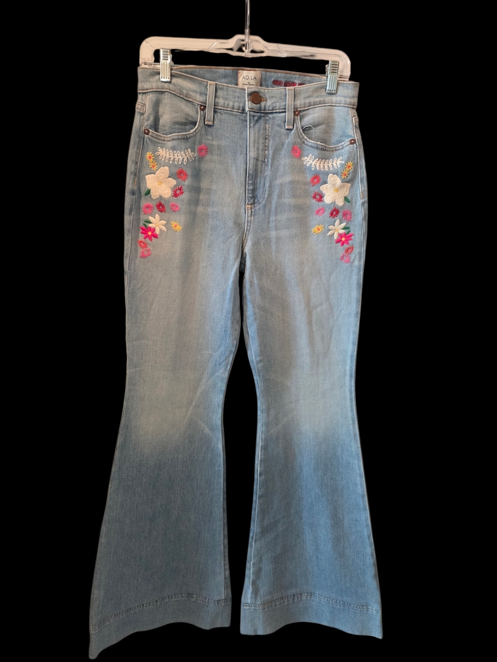 Alice + Olivia Light Wash Flare Jeans with Pink & White Floral Embroidery 29